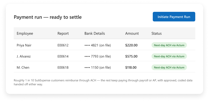 SutiExpense ACH reimbursement payment and reconciliation status